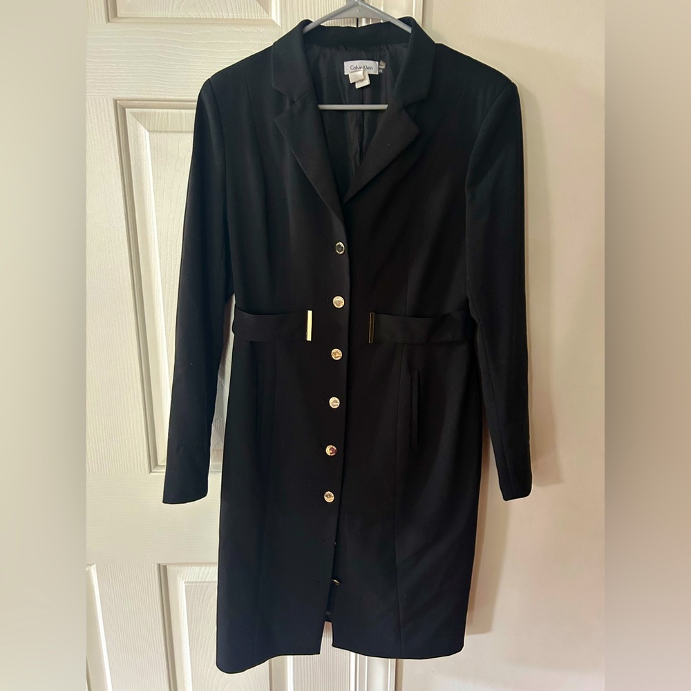 Calvin Klein Black Long Blazer Coat SZ 10 gold button detail EUC